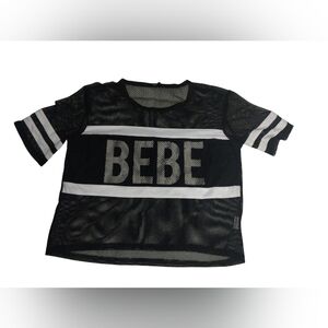 bebe Black Mesh Jersey Top with White Accents